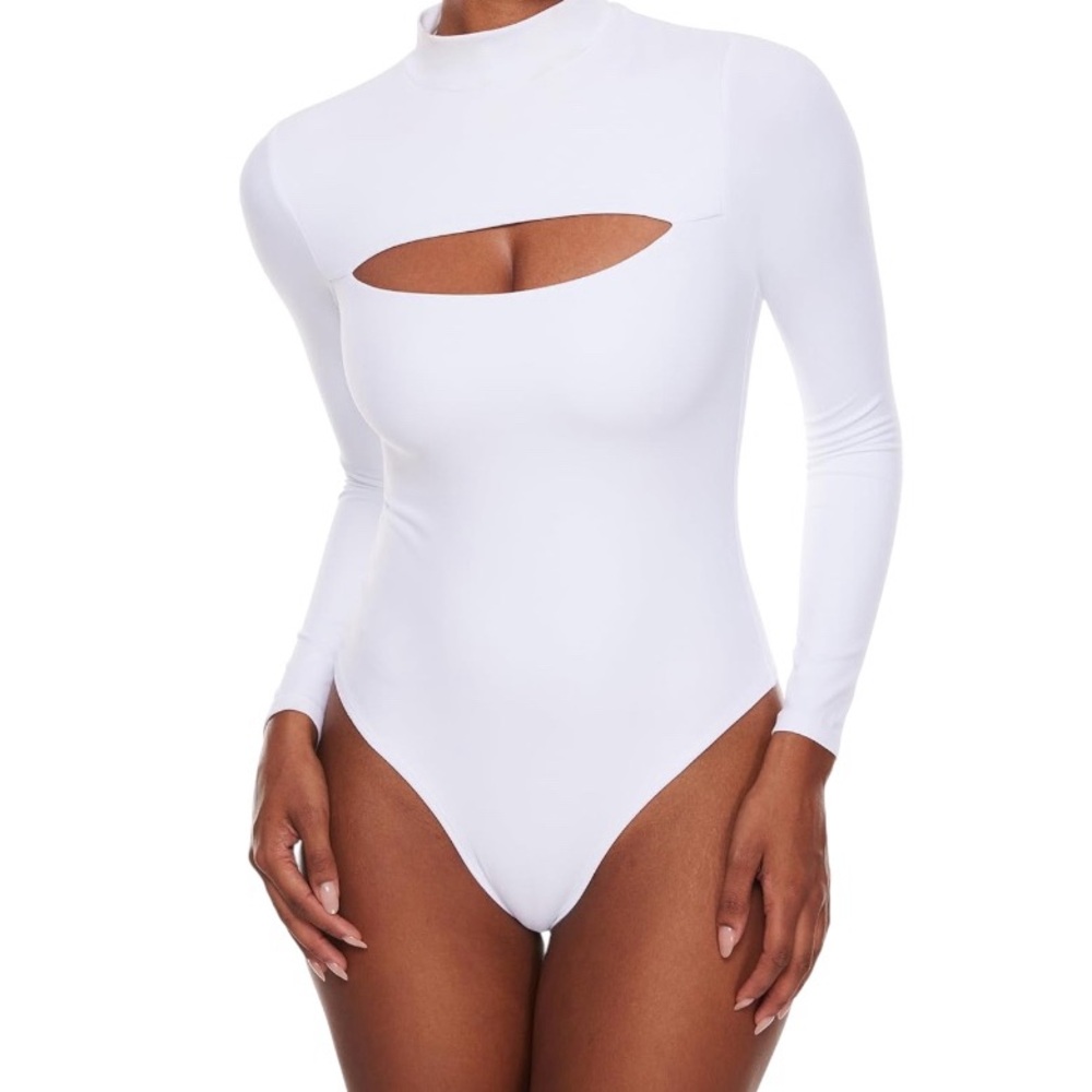 INLYRIC White Long Sleeve Cut Out Bodysuit